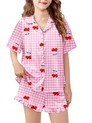 Image of Arshiner Girls Pajamas Silk Satin Pajama Set Button Pjs Ruffle Sleepwear | 2 Piece Nightwear, Silky Soft Lounge for Little & Big Kids, Ideal for Sleeping and Sleepover Party