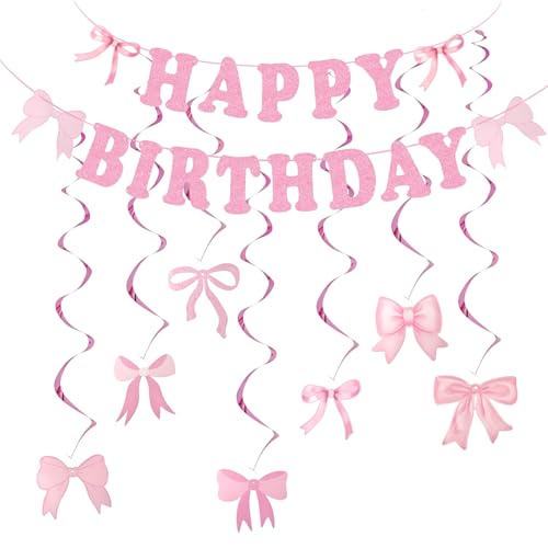 Banderole « Joyeux anniversaire » avec nœud, décoration rose pour fête d'anniversaire, baby shower