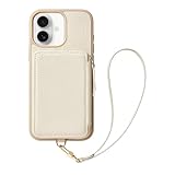 ZVE Compatible with iPhone 16 Case Wallet, Zipper Leather Card Holder with RFID Blocking and Detachable Wrist Strap for Women for iPhone 16, 6.1'-Beige