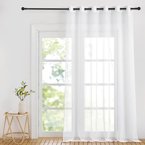 PONY DANCE Cortinas Blancas Salon 1 Pieza, Cortinas y Visillos con Aspecto de Lino Translucidas Grandes con Ojales para Cocina Dormitorio Comedor, 200x245cm