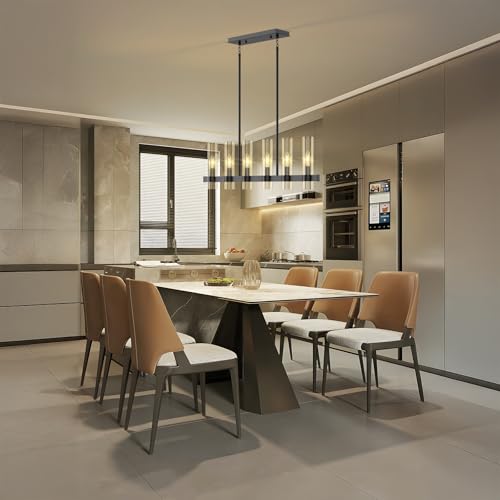 OTeedo Island Lights for Kitchen,6-Light Modern Farmhouse Chandeliers for Dining Room,Large Linear Pendant Light Fixtures,Adjustable Height Hanging Dining Room Chandelier Over Table,Clear Glass Shade by OTeedo - Used condition - Image 2