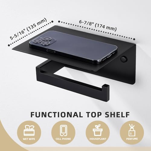 Image of Angle Simple Toilet Paper Holder with Shelf Matte Black, Tissue Roll Holder