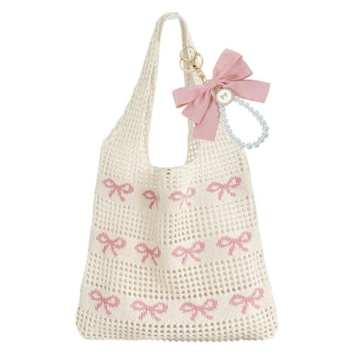 Image of JeVenis Crochet Tote Coquette Bow Aesthetic Beach Mesh Knitted Shoulder Bag