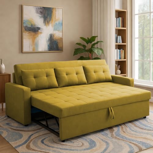Image of Casaliving Treshta 3 Seater Pull-Out Premium Fabric Sofa Cum Bed Sofa Set for Living Room (Yellow Fabric Color) Premium Fabric Sofa Set for Living Room Sofa Cum Bed