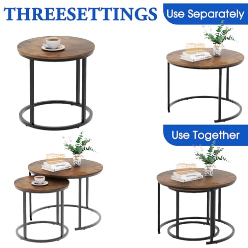 Image of aboxoo Coffee Table Nesting Round Table Set of 2 Side Table with Sturdy Metal Frame for Living Room Bedroom Apartment Modern Industrial Simple Nightstand,Rustic Brown