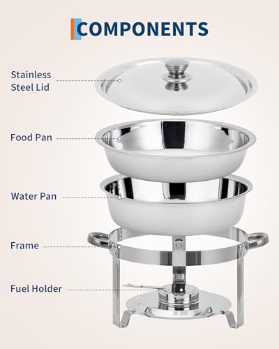 Stainless Steel Dish Set 4Pcs – Edelstahl rundes Chafing-Dish-Set, 4-teilig – 5 l Speisenwärmer aus Edelstahl,isolierter Buffet-Wärmebehälter mit Brennerhalterung