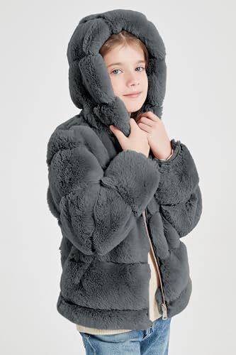 Image of Giolshon Girls Faux Fur Fleece Jacket Sherpa Fuzzy Hoodie Winter Coat with Full Zip Fluffy Outerwear 2169