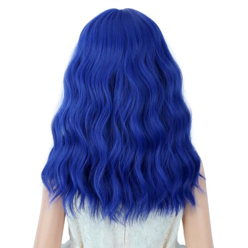 Image of PATTNIUM Girls Blue Short Curly Wavy Wigs with Bangs | Kids Dark Blue Synthetic Wig Halloween Costume Cosplay Party Wig