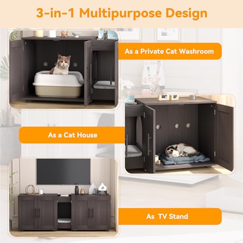 Cat Litter Box Enclosure for 2 Cats, Furniture with Double Room,Hidden Double Litter Box Enclosure Furniture,Cabinet with Scratching Pad,Walnut