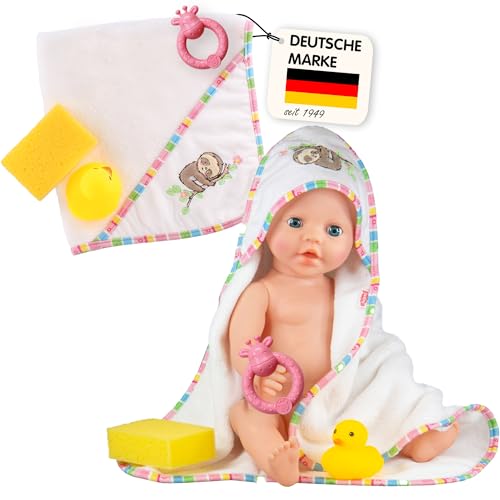 Heless 279 - Puppen-Pflegeset, 4 teilig, Kapuzenbadetuch inklusive Zubehör, Faultier Flauschi, für Puppengröße 38 – 45 cm