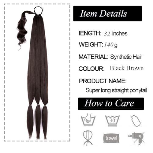 32inch Long Braid Ponytail Extension Straight Sleek Wrap Around Braid Hair Extensions Ponytail Synthetic Hair Pieces for Women Girls (Black Brown) - Image 3