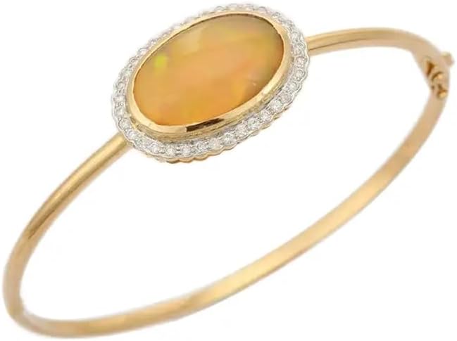 VR Jewels Opal Halo Diamond Bangle Bracelet in 18k Solid Yellow Gold For Her- Ethiopian Opal Oval Cabochon Bangle For Women- Gift For Mom