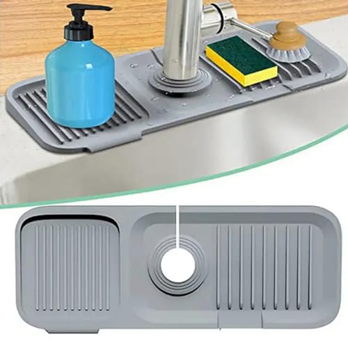 CUIDAKJ-37-x-14-cm-Alfombrilla-para-GrifoAtrapar-GotasTapete-Grifo-de-CocinaProtector-contra-SalpicadurasAlmohadilla-de-Secado-de-AguaTapete-Silicona-Fregadero-con-Drenaje-para-Encimeras-Gris