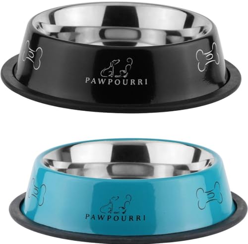 Image of PAWPOURRI Combo of Anti-Skid Feeding Bowls for Dogs, Cats & Puppy Pet Bowl Pack 2 Stainless Steel Pet Bowl (700 ml Each, Black & Blue)