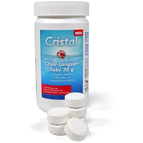 Cristal Chlor Langzeit Minitab (20g) sehr hoher Aktiv-Chlorgehalt zur Langzeitdesinfektion Dauerdesinfektion Kartuschenfilteranlage für kleine Pools und Schwimmbecken (1 kg Dose) Cover