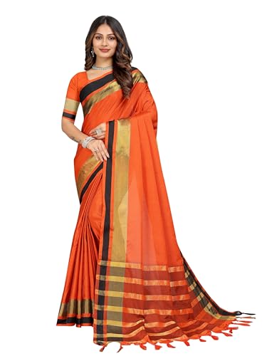 Image of Sidhidata Women's Cotton Blend Saree With Unstitched Blouse Piece (Payal Orange Orange Free Size)