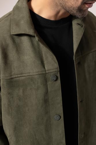 Image of PERCH Men Green Suede Solid Cut & Sew Jacket|Men's Stylish Jacket, Comfortable Regular Fit, Full Sleeves,Lightweight Design, Suitable for Casual Wear, Travel &Everyday Outfits
