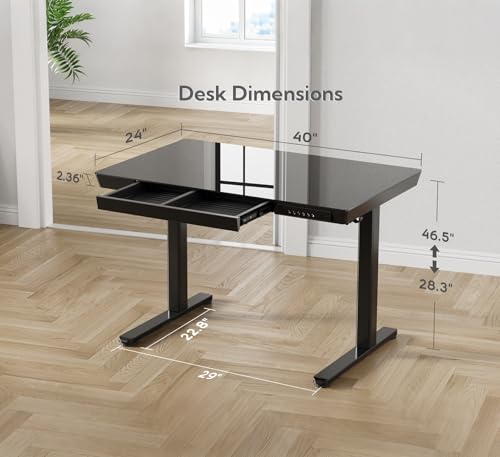 Image of INNOVAR 40 inch Small Glass Standing Desk with Drawers & USB Ports, Whole-Piece Glass Top Adjustable Height Desks, Quick-Install Electric Sit-Stand Up Desk for Home Office & Computer Workstation, Black