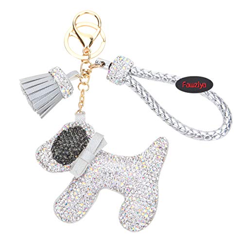 Fawziya Dog Keychain With Tassle Rhinestone Keychains- Silver