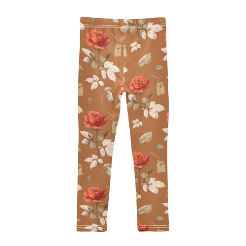 Girls' Athletic Leggings Ankle Length Yoga Dance Pants Kids Teen 4T Rose Leaves2