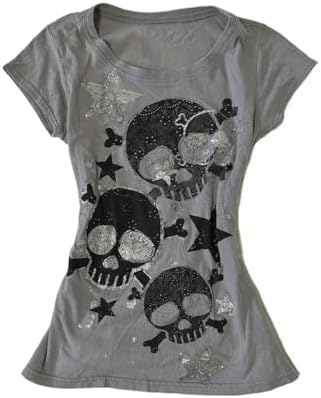 Y2K Grunge T-Shirt Vintage Skull Star Graphic Baby Tee Alt Punk Short Sleeve Crop Top 90s Harajuku Emo Streetwear