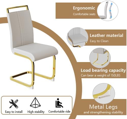 Miniatura 5 de Juego de mesa de comedor de cristal para 4, mesa de comedor rectangular moderna para 4, juego de mesa y sillas de cocina doradas de 51 pulgadas,