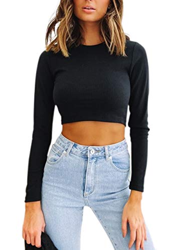 KAMISSY Women Basic Crew Neck Crop Tank Top Solid Rib-Knit Binding Crop Top - black - Small