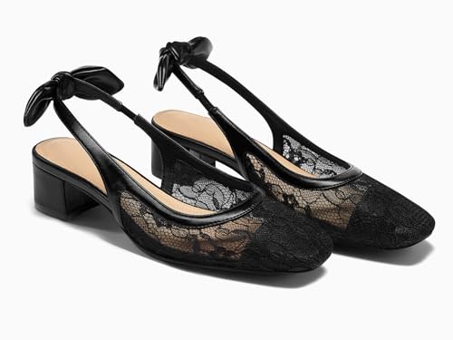 Image of Coutgo Womens Chunky Low Heels Bow Slingback Pumps Closed Square Toe Wedding Party Dress Shoes