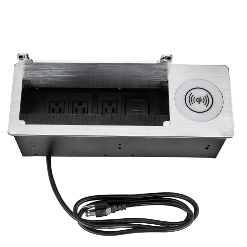 Embedded Desktop Socket, Multi-Functional Desktop Socket/Wireless Charging Burst connectivity Box with Power Socket USB Type A Type C Charger (Brushed Silver)