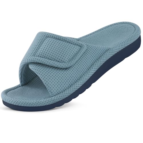Image of shevalues Summer House Slippers for Women with Arch Support Breathable Waffle Cotton Indoor Slippers Slip on Open Toe Home Shoes