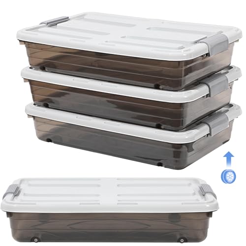 Beeveer 4 Pcs Plastic Under Bed Storage Containers with Lid Wheel Handle, Transparent Large Capacity Stackable Latching Storage Bins for Closet Bedroom Clothes Shoes (Brown,23.7 x 15.8 x 5.2)