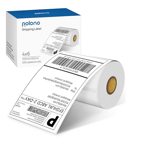 POLONO Genuine 4"x6" Direct Thermal Shipping Labels, Perforated Postage Shipping Labels Compatible with POLONO PL80E, PL70E and PL60 Label Printer, Permanent Adhesive, Commercial Grade, 200 
