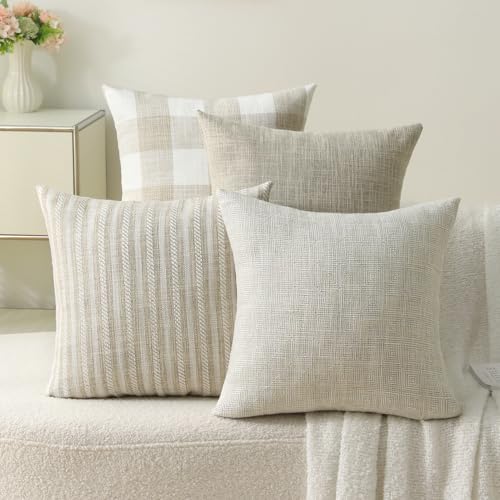 Linen Check Decorative Pillow Covers 20x20 Inch Set Of 4, Boho Throw Pillow Covers Square Couch Pillow Soft Accent Farmhouse Cushion Cover w/Hidden Zipper for Couch Sofa Bedroom Living Room Home Decor