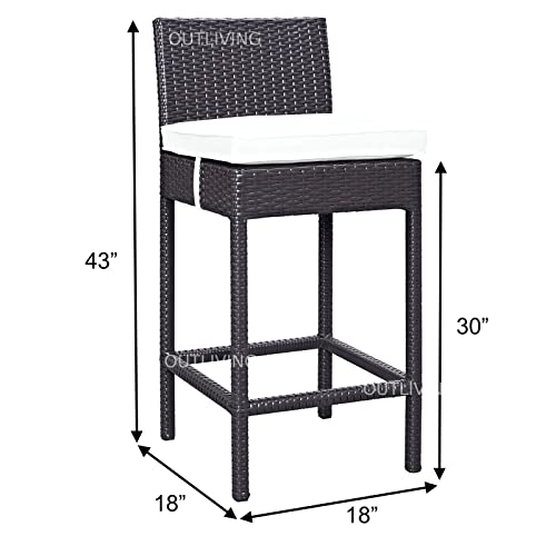 Image of OUTLIVING Rattan Wicker Outdoor Bar Patio Table with 4 Chairs Set for Home Graden Balcony 4 Seater High Bar Patio Furniture Table and Chairs - (White Cushion, Brown)
