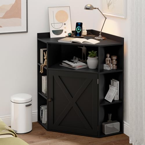 Image of Halitaa Corner Storage Cabinet, Farmhouse Corner Bookshelf with Storage 6-Cubby Wooden Cabinet with USB Ports and Outlets Industrial Organizer for Small Space, Study, Playroom, Living Room, Black