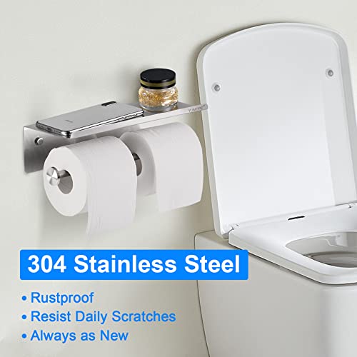 Yumore Toilet Paper Holder, 304 Stainless Steel Bathroom Double Roll Tissue Holder With Shelf, Wall Mounted Washroom Dual Tp Dispenser Storage, Flushable Wipes Dispenser, Brushed Nickel Finish #TOP6