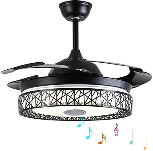 FINE MAKER Modern Black Bluetooth Ceiling Fan Light Retractable Blades Remote Control APP Speaker Music Play and 42 Inch Modern 7 Colorful Dimmable Chandelier Fan for Living/Dining Room