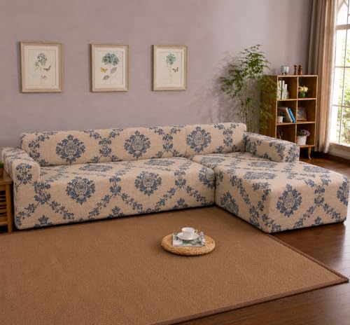 Image of Gifts Island Premium 160GSM Super Soft Beige Damask Stretchable Sofa Cover L Shape 5 Seater Fully Covered | Suitable for Both Left and Right Side Chaise Sofa (Beige Damask, 3+2 Seater)