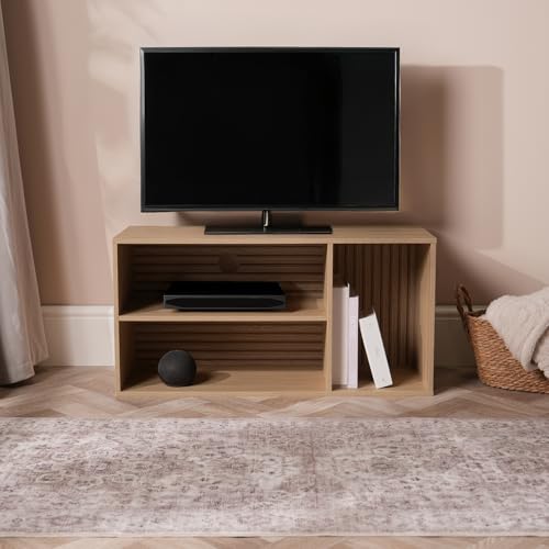 OHS TV Stand Cabinet Modern Style Dallas TV Table with Slatted 3 Open Storage Shelf Wooden Frame Decorative TVs Unit Console Table for Living Room Bedroom Entertainment Hallway, Natural