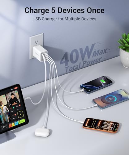 Image of 2026 Updated 40W Retractable Charger,4Port Travel Essentials Multiport,5-in-1 PD Wall Charger Block Plug+2.6ft Type C Cables, Fast Phone Charging Foldable Brick for iPhone 17 /16 /15 Pro Max,Galaxy