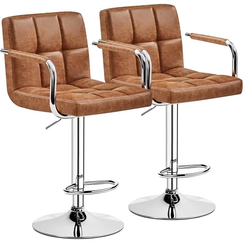 Image of Yaheetech Bar Stools Set of 2 with Backs, Height Adjustable, Retro Brown