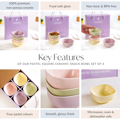 Image of Nestasia Set of 4 Square Ceramic Bowl (200ml) - Daily Use Microwave Safe Bowl for Snacks, Chutney, Rice, Dal, Fruits, Nuts or Dips | Pastel Multicolor Gift Bowl Set with Box for Gifting