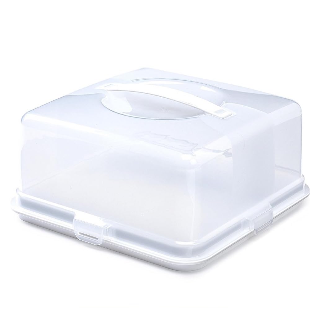 Concept4u White Square Plastic Cake Box With Lockable Lid & Carry Handles Large Cake Carrier Storage Container For Cakes, Serving Pies, Cookies And Desserts