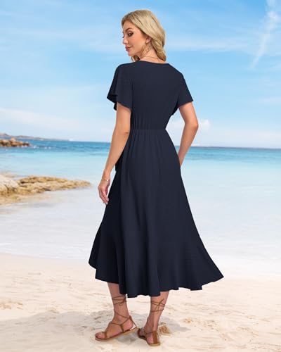 Image of AUSELILY Women Summer Midi Dresses Wrap Short Flutter Sleeve Elegant Dress | High Slit,High-waisted,Ruffled Hem,V-Neck,Fixed-strap Design,Skin-Friendly,Breathability,Wedding Guest Dresses