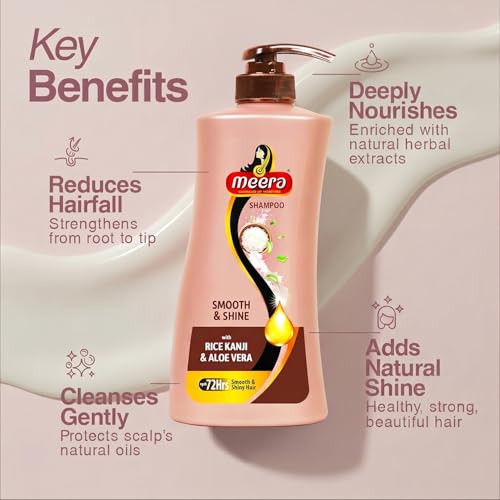Image of Meera Smooth & Shine Shampoo with Rice Kanji & Aloe Vera | Up to 72 Hours Smooth & Shiny Hair | Nourishes & Softens Hair | Suitable for Men & Women | 650ml