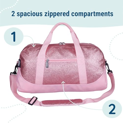 Image of Wildkin Kids Overnighter Duffel Bag - Carry-On Travel Bag for School & Sleepovers, Lightweight, Durable, Boys & Girls Ages 4-15 - Pink Glitter