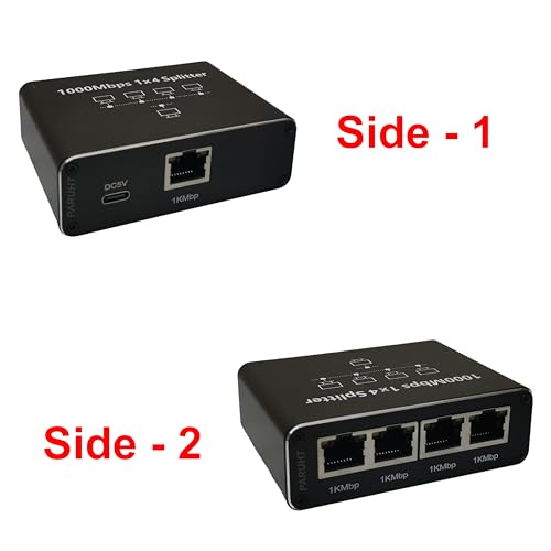 Image of Ethernet Splitter 1 to 4 Gigabit 1000Mbps - RJ45 LAN Network Adapter Hub with USB-C Power, Cat8 /Cat7 /Cat6 /Cat5e Compatible - Plug & Play Internet Cable Splitter for 4 Devices, Black ETHSP-1B4