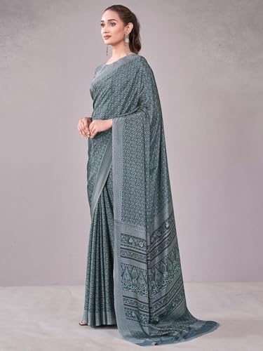 Image of Satrani Women's Crepe Printed Saree with Unstitched Blouse Piece