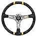 MOMO Motorsport Ultra Street Steering Wheel Black Alcantara Grip Black Anodized w/Logo, Yellow Double Center Stripes, 350mm - ULT35BK0BK