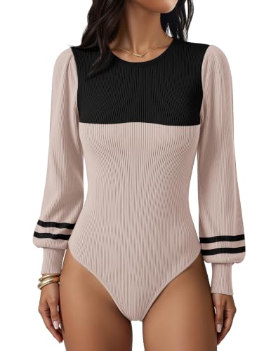 Image of Zeagoo Womens Sweaters Long Sleeve Bodysuits 2026 Fall Crewneck Puff Knit Pullover Tops